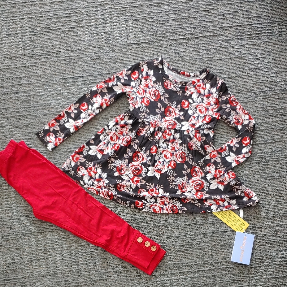 Bnwt Stones & Roses 2pc 4T Peplum Set Black With Red Roses Red Leggings Bamboo